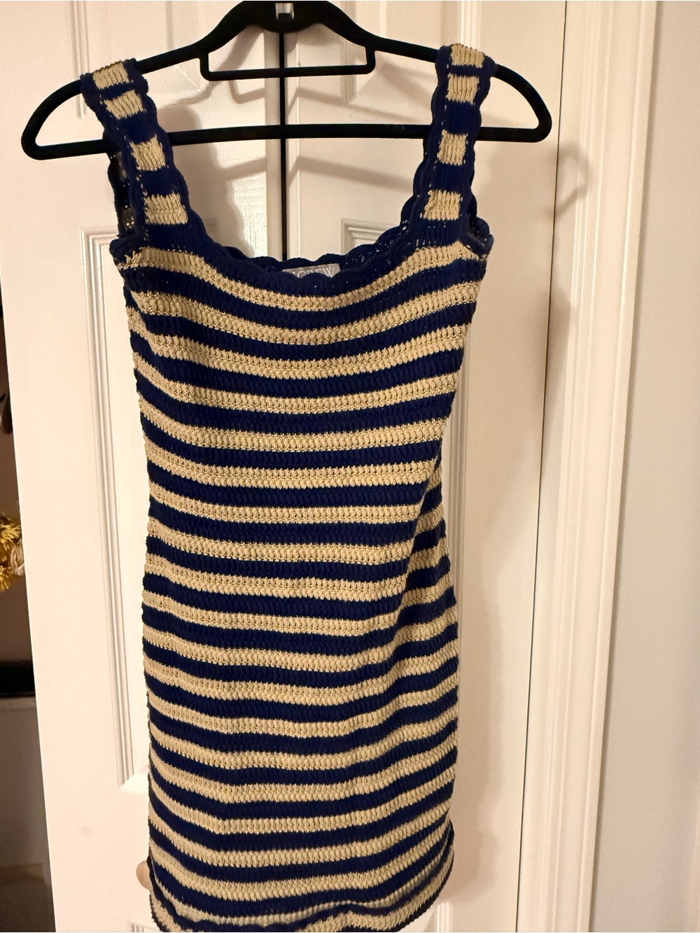 J Crew Scallop Trim Sweater Dress Navy Beige Stripe Crochet Knit CL637 NWOT 2025